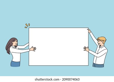 Copy space and blank concept. Smiling woman and man standing holding huge white copy space blank sign in hands for marketing advertisement vector illustration 