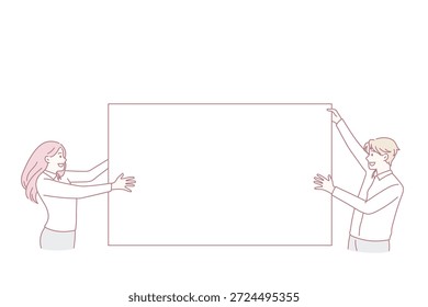 Copiar espaço e conceito em branco. Mulher sorridente e homem de pé segurando enorme espaço branco cópia em branco sinal em mãos para marketing propaganda vetor ilustração