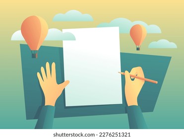 Copy space with blank paper page in top view and hands with pencil