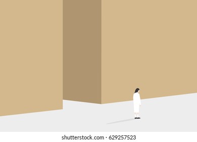 Copy space conceptual illustration. Back view of young woman standing beside the high wall / editable vector illustration, clip art
