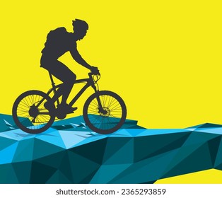 Copy space. Cyclist-tourist on a MTB mountain bike, hike. Vector.