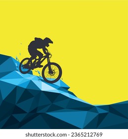 Copy space. Extreme. Downhill cyclist flies on a bicycle from a mountainside. Freeride. 