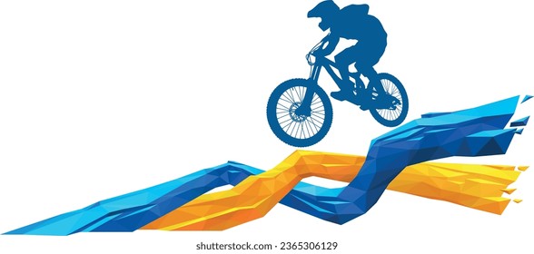 Copy space. Extreme Freeride Downhill cyclist DNA. Downhill cyclist flies on a bicycle from a DNA.