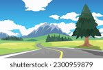 Copy Space Flat Vector Illustration. of curved asphalt road path and environment of wide open fields of green grass. Green plains and low mountains.  Under blue sky and white clouds.