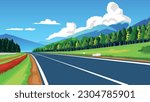 Copy Space Flat Vector Illustration. of direct asphalt road path and environment of wide open fields of green grass. Side road with flower and green forest. Mountain and blue sky for background.