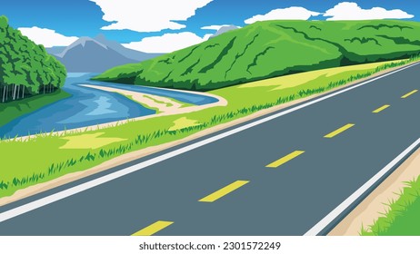 Copy Space Flat Vector Illustration. of Asphalt road passing through the river and environment of wide open fields of green grass. Green plains and low mountains.  Under blue sky and white clouds.