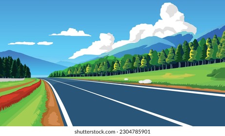 Ilustración de vectores planos de espacio de copia. de camino de asfalto directo y medio ambiente de amplios campos abiertos de hierba verde. Carretera lateral con flores y bosque verde. Montaña y cielo azul como fondo.