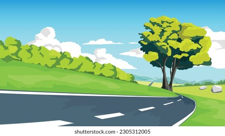 Copy Space Flat Vector Illustration. of curved asphalt road path and environment of wide open fields of green grass. Big tree at the bend. Meadow and mountain under blue sky and white clouds.