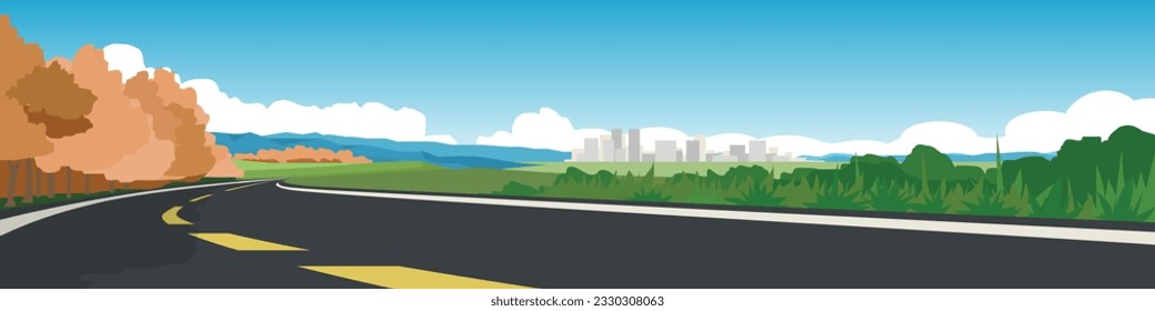 Copiar el Vector Plano Espacial Ilustración de sinuosos caminos pavimentados y los alrededores de los campos abiertos de primavera Su fondo se parece a una enorme montaña y cielo distante.