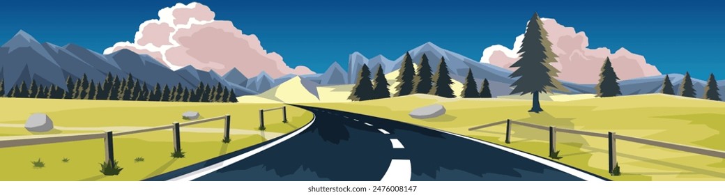 Copy Space Flat Vector Illustration. of curved asphalt road. Two side wooden fence and wide open fields and low mountains.  Under blue sky and white pink clouds.