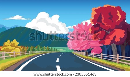 Copy Space Flat Vector Illustration. of curved asphalt road path and environment of wide open fields of spring. Colorful trees along the way and there is a wooden fence. Big mountain under blue sky.