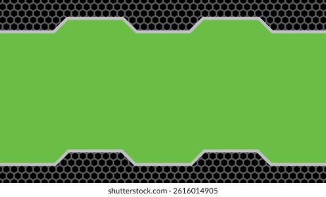 A copy space with green screen base color background and hexagonal metal hole border frame.