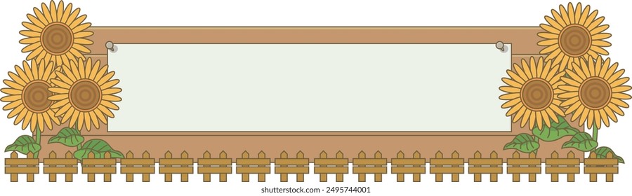 Copy space illustration of sunflower field and wooden bulletin board.Landscape.