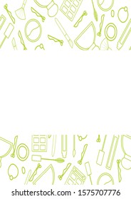 Copy space with makeup pattern in green lines. Makeup brush, mascara, lip gloss, perfume, eyeshadow palette, hairpin, hair band and sculpting powder. White backgrond, vector.