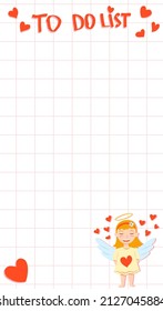 Copy space for memo, weekly or daily planner, note paper, to do list, sticker template decorated with baby cupid angel. Cute and funny. Inspirational quote. Love and hearts. Valentines Day greeting