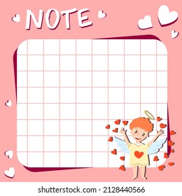 Copy space for memo, weekly or daily planner, note paper, to do list, sticker template decorated with baby cupid angel. Cute and funny. Inspirational quote. Love and hearts. Valentines Day greeting