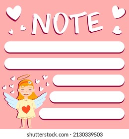 Copy space for memo, weekly or daily planner, note paper, to do list, sticker template decorated with baby cupid angel. Cute and funny. Inspirational quote. Love and hearts. Valentines Day greeting