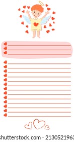 Copy space for memo, weekly or daily planner, note paper, to do list, sticker template decorated with baby cupid angel. Cute and funny. Inspirational quote. Love and hearts. Valentines Day greeting