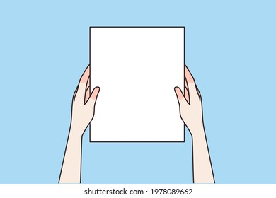 Copy space, mockup, background concept. Human hands holding blank white screen shit for text or adversing over blue background vector illustration 