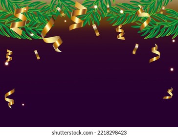 Copy space new year background. Gold serpentine and fir on brown. New year pine brunch. Golden glitter with fir banner. Festive christmas tree border.  
