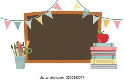 Copy space on chalkboard. Hand drawn illustration of chalkboard, books and other pupils supplies isolated on white background
