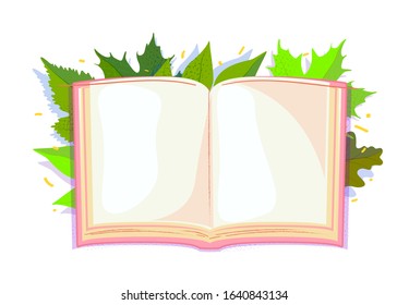 Copy space open book in green leaves. Spring template, Empty sheet with Decoration element, concept layout page. Stock vector illustration. Nature creative frame isolated on white background.