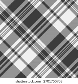 Copiar padrão de espaço xadrez têxtil, fundo de tecido de vetor de curva. Diagonal sem costura tartan verificar textura na paleta de cores cinza e branco.