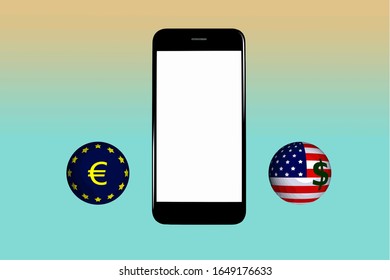 copy space smartphone with sphere of European Union flag with euro currency symbol and sphere of USA flag with dollar currency symbol on pastel color gradient background 3D illustration