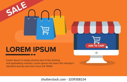 Copy space for text. Promotion sale banner and computer with shopping bag icon on orange background. Flat vector illustration