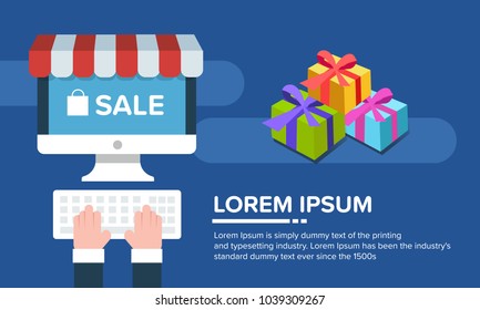 Copy space for text. Promotion sale banner and computer laptop with bag, gift icon on blue background. Flat vector illustration
