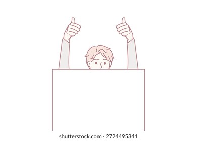 Copiar el espacio y el concepto de pulgar hacia arriba. Hombre sonriente que sostiene las manos en blanco enormes del Iniciar sesión del espacio de la copia para la publicidad de marketing y que muestra los pulgares para arriba Ilustración vectorial de la muestra
