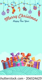 Copy space vector background for Christmas and New Year greeting. Cartoon gift boxes under garland lights and hanging tree toys. Vertical Xmas card, poster, flyer, social media story template