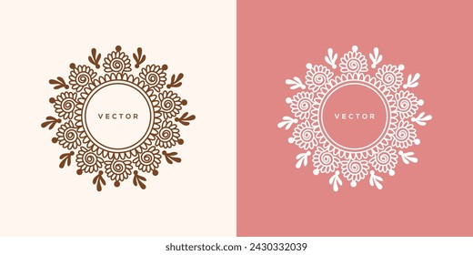 copy space Vector nature logo design template and monogram concept in linear style. flower and leaf frame with copy space for text or letterstext, flowers and leaves vector