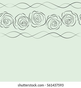 Copy space. A vintage style dashed drawing of a branch horizontal neutral and black roses silhouette with place for your text. Vector open flowers seamless pattern in neutral and black colors.