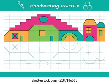 Copy the symmetrical pattern cell by cell. Drawing task for kids on a grid, educational vector illustration. Coloring book page with color swatch.