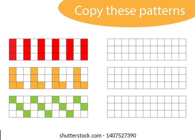 Copy these patterns, pixel art, drawing skills training, educational paper game for the development of children, kids preschool activity, printable worksheet, vector illustration