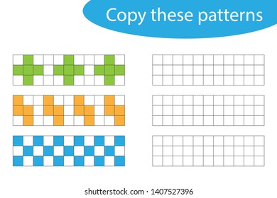 Copy these patterns, pixel art, drawing skills training, educational paper game for the development of children, kids preschool activity, printable worksheet, vector illustration