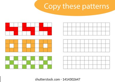 Copy these patterns, pixel art, drawing skills training, educational paper game for the development of children, kids preschool activity, printable worksheet, vector