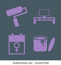copy vector icons set. with march calendar, paint roller, paint can and tv table in set