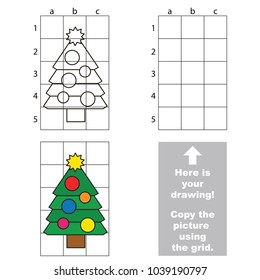 Copy the vertical picture using grid lines, the simple educational game for preschool children education with easy gaming level, the kid drawing game with Fur New Year Tree