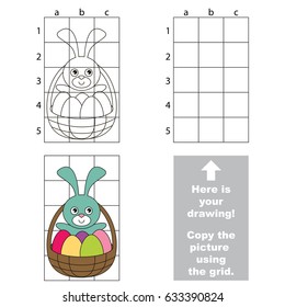 Copy the vertical picture using grid lines, the simple educational game for preschool children education with easy gaming level, the kid drawing game with Easter Rabbit with Egg Basket