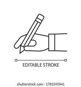 Copy writer pixel perfect linear icon. Hand hold pencil. Write signature. Hobby and craft. Thin line customizable illustration. Contour symbol. Vector isolated outline drawing. Editable stroke