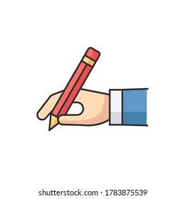 Copy writer RGB color icon. Hand hold pencil. Write signature. Hobby and craft. Tool for drawing. Handwriting on page. Student self expression. Creative freelance work. Isolated vector illustration