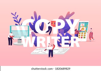 Copy Writer Work Concept. Online Journalist Characters Write Creative Copyright for Social Article. Digital Freelancer Content Writer Working Poster Banner Flyer. Cartoon People Vector Illustration