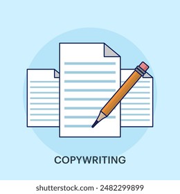 Copy writing concept, text file editing, flat document icon, Writing online text content on laptop computer or creating essay documents or books on pc, copying documents for graphic and web design.