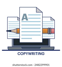 Copy writing concept, text file editing, flat document icon, Writing online text content on laptop computer or creating essay documents or books on pc, copying documents for graphic and web design.