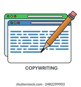 Copy writing concept, text file editing, flat document icon, Writing online text content on laptop computer or creating essay documents or books on pc, copying documents for graphic and web design.