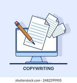 Copy writing concept, text file editing, flat document icon, Writing online text content on laptop computer or creating essay documents or books on pc, copying documents for graphic and web design.