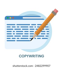 Copy writing concept, text file editing, flat document icon, Writing online text content on laptop computer or creating essay documents or books on pc, copying documents for graphic and web design.