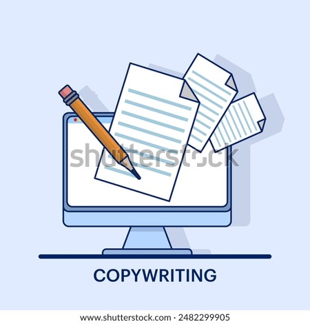 Copy writing concept, text file editing, flat document icon, Writing online text content on laptop computer or creating essay documents or books on pc, copying documents for graphic and web design.
